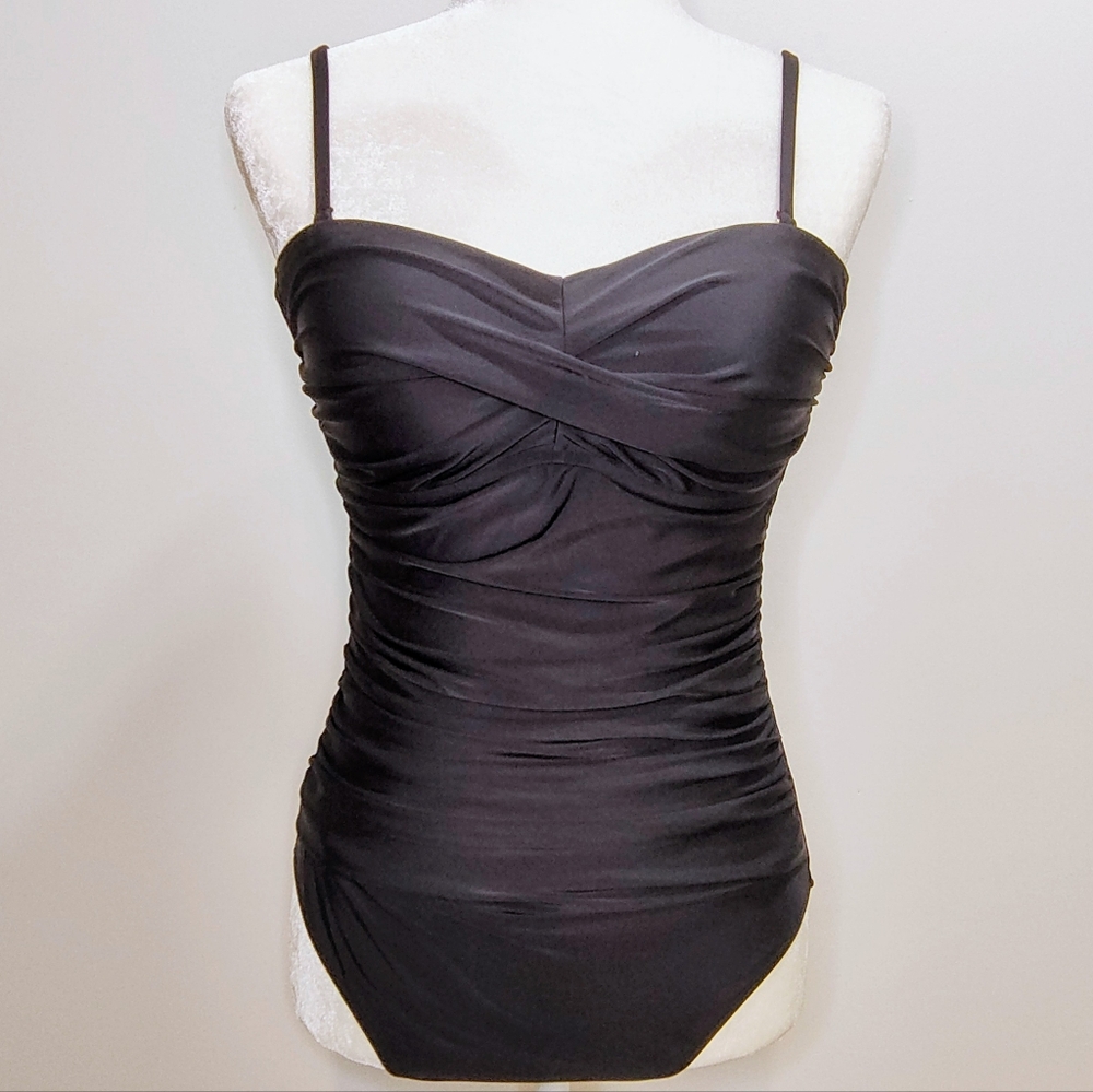 RELLECIGA Black Ruched Figure Flattering One Piece Swimsuit With Cups